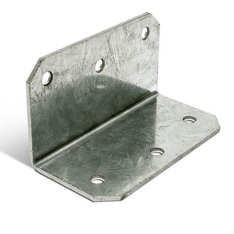 A Simpson ML 2x4 in. ZMAX Galvanized Medium L Angle by Simpson Strong-Tie, with a durable textured surface and three holes on each flange, is displayed on a white background to highlight its sturdy design.
